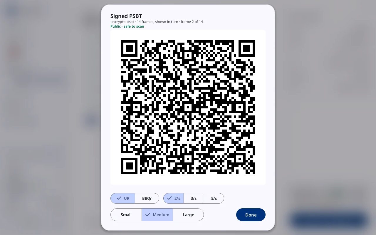 The signed PSBT as an animated QR code.